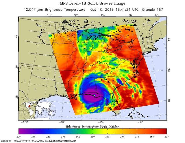 This image from NASA's Atmospheric Infrared Sounder (AIRS) shows the temperature of clouds or the surface in and around Hurricane Michael as the storm made landfall in the Florida panhandle on Wed, Oct 10, 2018.  The large purple area indicates very cold clouds carried high into the atmosphere by deep thunderstorms. These storm clouds are associated with heavy rainfall. The warmer eye of the hurricane, located at the center of the cold clouds, is shown in green. The red areas are mostly cloud-free areas, with the clear air caused by air motion outward from the cold clouds near the storm center then downward in the surrounding areas.  Michael made landfall as a Category 4 storm with maximum sustained winds of 155 mph (250 kph).  https://photojournal.jpl.nasa.gov/catalog/PIA22752