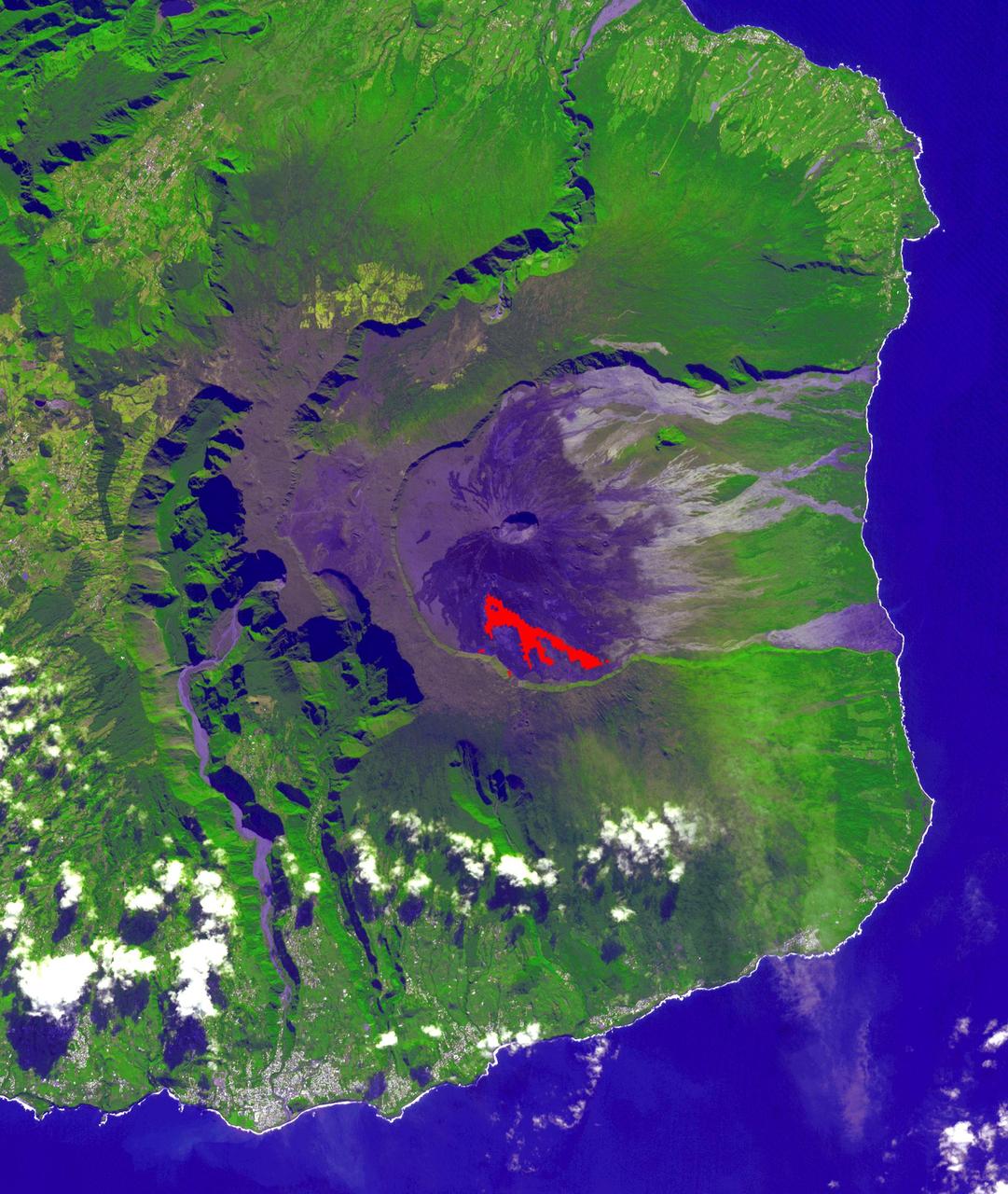 In July, 2018 an eruption began from Piton de la Fournaise volcano on Reunion Island in the western Indian Ocean. Activity continued through November, when these ASTER data were acquired. More than 150 eruptions have occurred since the 17th century. The active flow, derived from the thermal infrared band, is shown in red. The background is a pre-eruption image. The background image was acquired July 16, 2018, and the thermal image on November 1, 2018. The images cover an area of 18 miles by 21 miles (28.9 by 34.2 kilometers), and in the area of 21.3 degrees south, 55.8 degrees east.  https://photojournal.jpl.nasa.gov/catalog/PIA22755