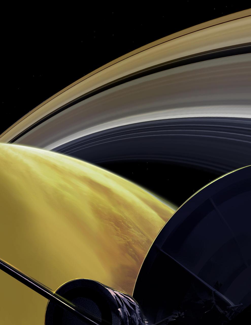 This illustration imagines the view from NASA's Cassini spacecraft during one of its final dives between Saturn and its innermost rings, as part of the mission's Grand Finale. Cassini made 22 orbits that swooped between the rings and the planet before ending its mission on Sept. 15, 2017, with a final plunge into Saturn.  https://photojournal.jpl.nasa.gov/catalog/PIA22768