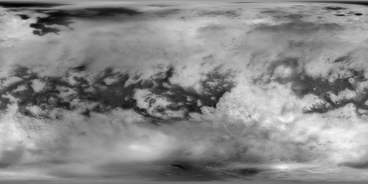 This Cassini Imaging Science Subsystem (ISS) global mosaic of Titan's surface brightness in the near-infrared at 938 nm wavelength shows the distribution of Titan's wide variety of landforms, from the vast equatorial sand seas to the high-latitude lakes and seas of liquid hydrocarbons.  To generate this mosaic, 9,873 separate ISS images taken over more than 13 years of NASA's Cassini spacecraft operations at Saturn have been combined. Averaging such a large number of images dramatically improves how well surface features can be seen. A new photometric analysis method, with more accurate radiative transfer models of Titan's haze, allows spatial and temporal atmospheric and instrumental variations to be accounted for. This technique makes it possible to generate a mosaic without image seams that provides calibrated normal albedos. The image scale is 16 pixels per degree or 2.8 km in latitude.  The new image is an update to the previous version of the ISS imaging map of Titan. The most recent version was published in 2015.   https://photojournal.jpl.nasa.gov/catalog/PIA22770