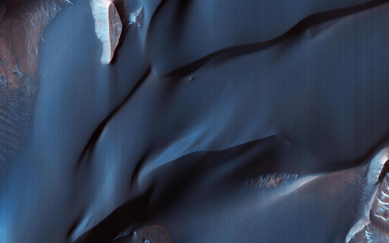 This color-infrared image shows sand dunes in Melas Chasma, located within the Valles Marineris canyon system. The dark-blue and purple colors indicate coarse-grained sands that are comprised of basalt, an iron and magnesium-rich volcanic rock that formed from cooled lava millions of years ago when volcanism was an active process on Mars.  Migrating sand dunes often lead to the erosion and excavation of underlying material; regions where there are active dune fields are ideal places to search for exposed bedrock. Repeated imaging of dunes may also show changes that provide evidence for active surface processes related to wind patterns and climate.  More information is available at https://photojournal.jpl.nasa.gov/catalog/PIA22783