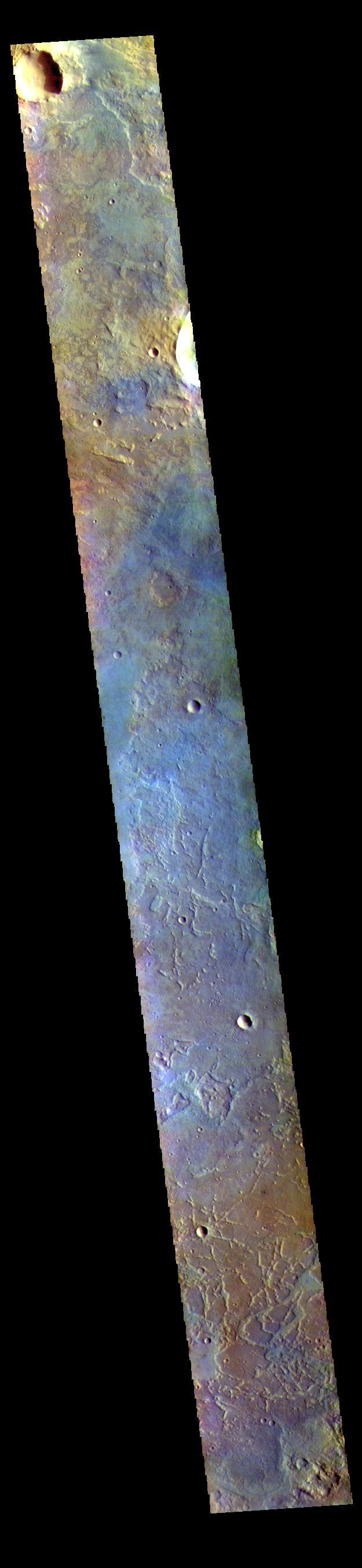 This VIS image shows part of the floor of Antoniadi Crater, a very large crater located north of Syrtis Major Planum.  The THEMIS VIS camera contains 5 filters. The data from different filters can be combined in multiple ways to create a false color image. These false color images may reveal subtle variations of the surface not easily identified in a single band image.  Orbit Number: 61311 Latitude: 21.1681 Longitude: 62.1541 Instrument: VIS Captured: 2015-10-10 02:38  https://photojournal.jpl.nasa.gov/catalog/PIA22788