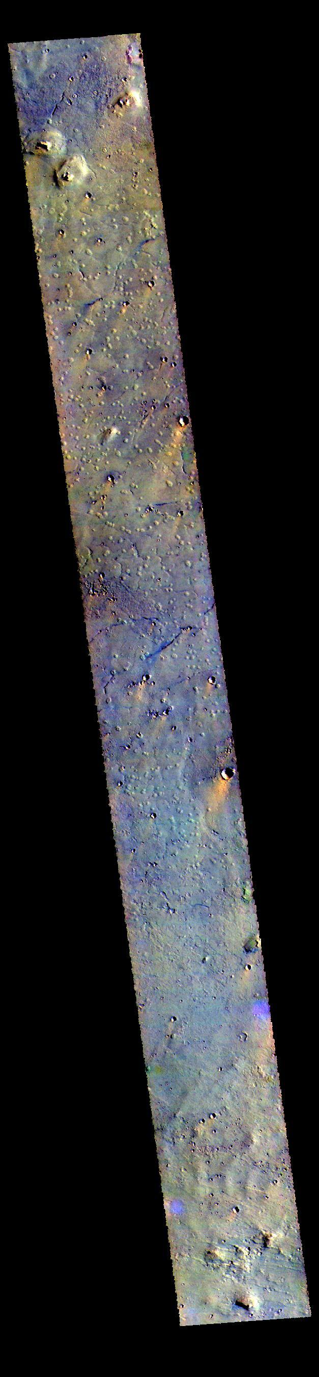 This VIS image shows some of the plains of Chryse Planitia.  The THEMIS VIS camera contains 5 filters. The data from different filters can be combined in multiple ways to create a false color image. These false color images may reveal subtle variations of the surface not easily identified in a single band image.  Orbit Number: 61439 Latitude: 35.01 Longitude: 327.345 Instrument: VIS Captured: 2015-10-20 15:41  https://photojournal.jpl.nasa.gov/catalog/PIA22793