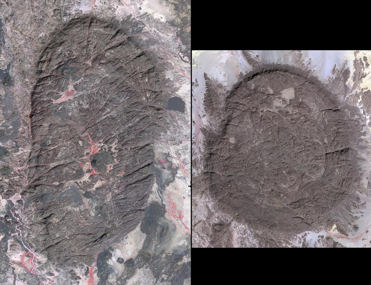 The Air Mountains are located in northern Niger and extend over 84,000 square kilometers within the Sahara Desert. Geologically, the area is notable for its remarkable ring dikes that enclose circular granite massifs. These in turn contain, and are surrounded by, young volcanic features, including cinder cones and lava flows. Two of the massifs are shown here: the oval one includes Mont Idoukal-n-Taghes, Niger's highest point. The montage is made up of images acquired November 5, 2017, covers an area of 45 kilometers north-south, and is located near 18 degrees north, 8.5 degrees east.  https://photojournal.jpl.nasa.gov/catalog/PIA22795