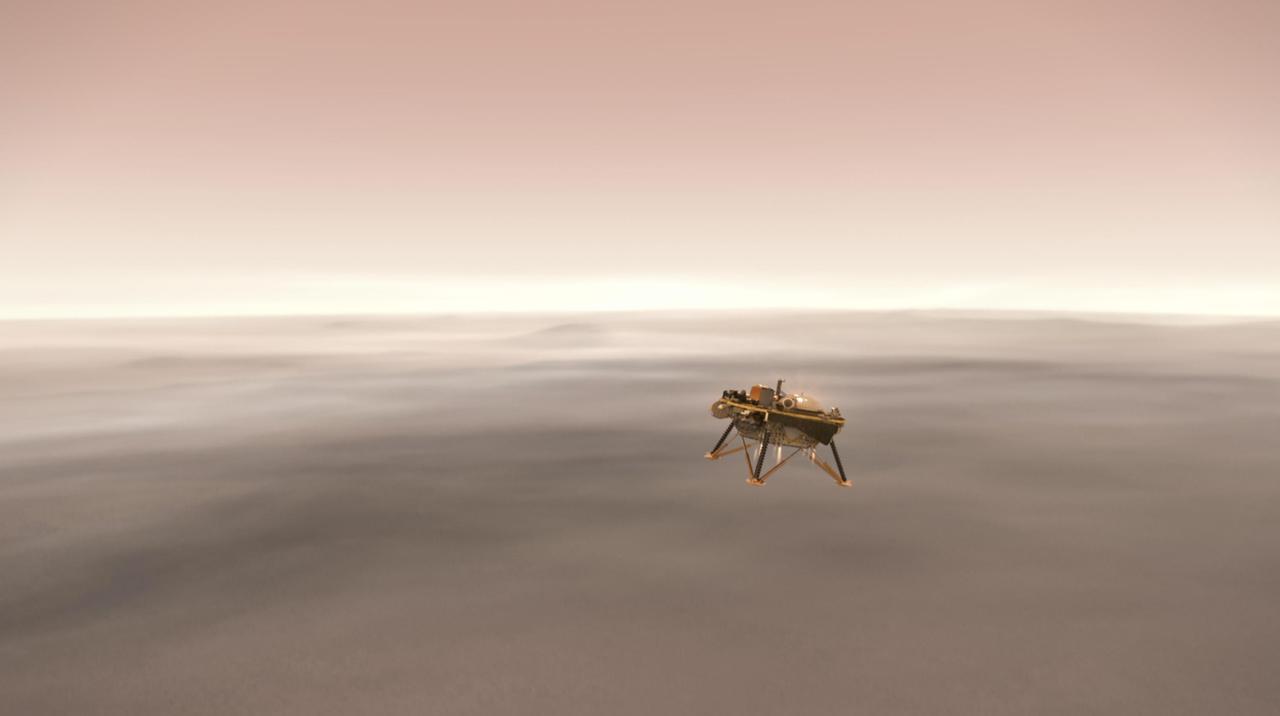 This illustration shows a simulated view of NASA's InSight lander firing retrorockets to slow down as it descends toward the surface of Mars. https://photojournal.jpl.nasa.gov/catalog/PIA22810