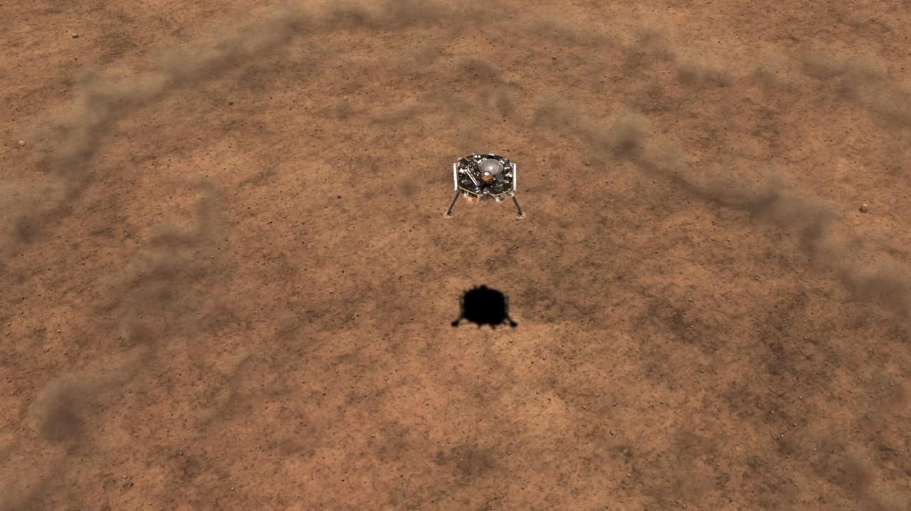 This illustration shows a simulated view of NASA's InSight lander kicking up dust as it lands on the Martian surface. https://photojournal.jpl.nasa.gov/catalog/PIA22811