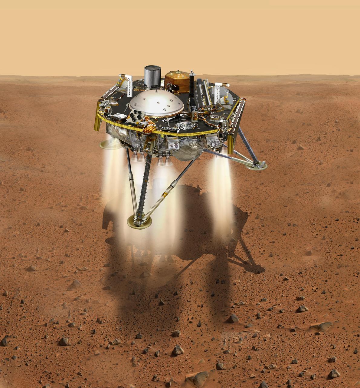 This is an illustration showing a simulated view of NASA's InSight about to land on the surface of Mars. This view shows the top of the spacecraft.  https://photojournal.jpl.nasa.gov/catalog/PIA22813