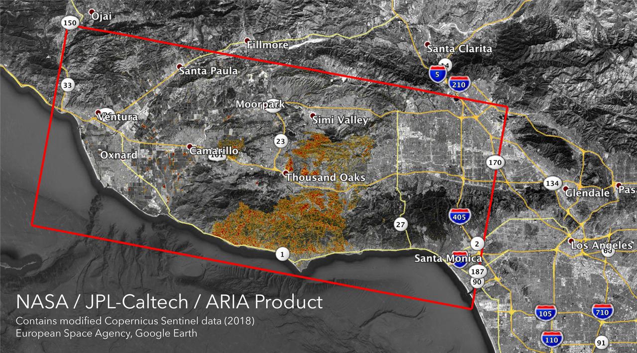 The Advanced Rapid Imaging and Analysis (ARIA) team at NASA's Jet Propulsion Laboratory in Pasadena, California, created these Damage Proxy Maps (DPMs) depicting areas in California likely damaged by the Woolsey and Camp Fires. They are derived from synthetic aperture radar (SAR) images from the Copernicus Sentinel-1 satellites, operated by the European Space Agency (ESA).  The pre-event images for the Woolsey Fire in Southern California were taken before the fire on Oct. 30, 2018 and the post-event image was acquired during the fire on Nov. 11, 2018. The map covers an area of 50 miles x 25 miles (80 km x 40 km), indicated with the big red polygon. Each pixel measures about 33 yards x 33 yards (30 m x 30 m). The color variation from yellow to red indicates increasingly more significant ground surface change.  The pre-event images for the Camp Fire in Northern California were taken on Nov. 4, 2018 and the post-event images were acquired during the fire on Nov. 10, 2018. The map covers an area of 55 miles x 48 miles (88 km x 77 km). As in the previous image, each pixel measures about 33 yards x 33 yards (30 m x 30 m). The color variation from yellow to red indicates increasingly more significant ground surface change.  Preliminary validation for both maps was done by comparing approximate location data to Google's Crisismap. These damage proxy maps can be used as guidance to identify damaged areas with the understanding that they may be less reliable over vegetated areas including farmlands. For example, the scattered single colored pixels over vegetated areas may be false positives, and the lack of colored pixels over vegetated areas does not necessarily mean no damage.   https://photojournal.jpl.nasa.gov/catalog/PIA22816