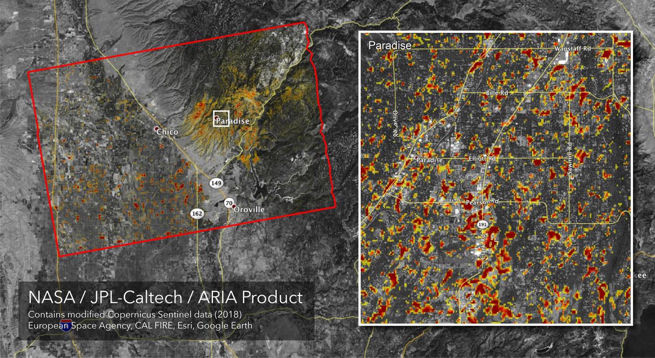 The Advanced Rapid Imaging and Analysis (ARIA) team at NASA's Jet Propulsion Laboratory in Pasadena, California, created this Damage Proxy Map (DPM) depicting areas of Northern California that are likely damaged (shown by red and yellow pixels) as a result of the Camp Fire. The map is derived from synthetic aperture radar (SAR) images from the Copernicus Sentinel-1 satellites, operated by the European Space Agency (ESA). The pre-event images were taken before (November 4, 2018) and the post-event image was acquired during the fire (6pm November 16, 2018, both local time).  https://photojournal.jpl.nasa.gov/catalog/PIA22819