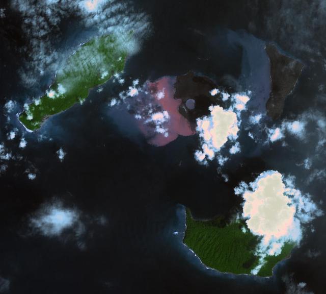 On Dec. 22, 2018, Indonesia's Anak Krakatau volcano erupted and partially collapsed. NASA's Advanced Spaceborne Thermal Emission and Reflection (ASTER) instrument imaged the volcano on Jan. 13 -- several weeks after the eruption.  This image shows that the crater area has closed to become a lake and the forest on the island has been destroyed by ash falls. The reddish area in the water southwest of the island is likely due to either iron-rich ash in the water or the interaction of seawater with underwater volcanic eruption products. The image covers an area of 7.5 by 8.4 miles (12.2 by 13.5 kilometers), and is located at 6.1 degrees south, 105.4 degrees east.  The tsunami that followed the eruption killed more than 400 people in western Indonesia.  https://photojournal.jpl.nasa.gov/catalog/PIA22821