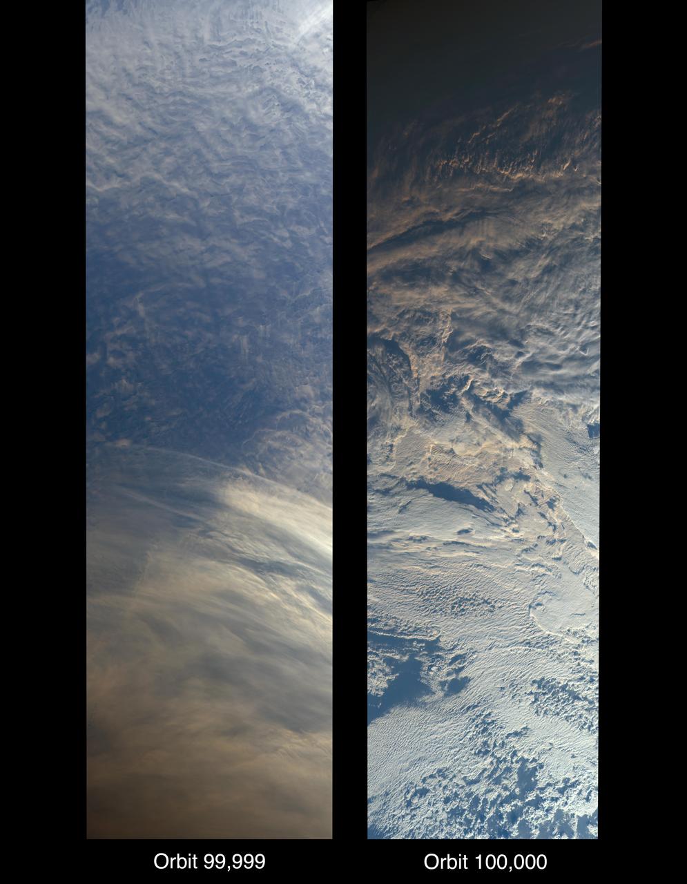 On Oct. 6, 2018, NASA's Terra satellite became one of a handful of NASA satellite ever to complete 100,000 orbits. Launched in 1999, Terra and its five scientific instruments were originally slated to last six years. More than 18 years later, the Multi-angle Imaging SpectroRadiometer (MISR), built by NASA's Jet Propulsion Laboratory in Pasadena, California, and other instruments on Terra are still collecting data and are expected to continue into the 2020s, limited only by the amount of fuel in the spacecraft.  MISR carries nine cameras that view the sunlit Earth simultaneously at widely spaced angles, providing global coverage with high spatial detail. The left image shows dusk falling over snowy Queen Maud Land, Antarctica, at the end of orbit 99,999, as captured by MISR's 70-degree backward-looking camera. On the right is MISR's first view from orbit 100,000, taken by its 70-degree forward-looking camera as sunrise illuminated clouds over the Kara Sea, north of Siberia.  Over the years, researchers have used MISR's observations to construct a variety of global data sets that have advanced our understanding of Earth. These include the heights of clouds and wildfire smoke, the amounts of dangerous pollutants in the atmosphere, the movements of global wind systems, and the health of vegetation. The instrument remains as healthy as it was in 1999.  https://photojournal.jpl.nasa.gov/catalog/PIA22836