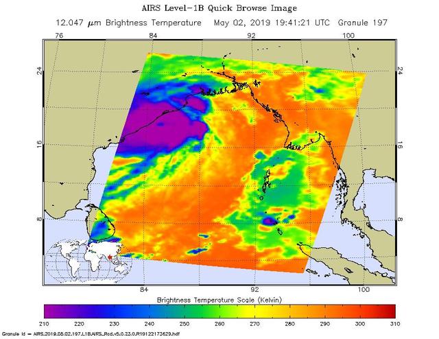 This image shows Tropical Cyclone Fani just off the east coast of India in the Bay of Bengal. NASA's Atmospheric Infrared Sounder (AIRS) collected the image at about 1 p.m. PDT (4 p.m. EDT) today, May 2. At the time, the cyclone's wind speeds were equivalent to a Category 4 hurricane, with maximum sustained winds of 155 mph (249 kph) and gusts of up to 190 mph (306 kph), according to the Joint Typhoon Warning Center. The cyclone is expected to make landfall on Friday, May 3.  AIRS, in conjunction with the Advanced Microwave Sounding Unit (AMSU), senses emitted infrared and microwave radiation from Earth to provide a 3D look at weather and climate.  The infrared image shows temperatures of the clouds or surface. The large purple area indicates very cold clouds carried high into the atmosphere by deep thunderstorms. Warmer areas, including the eye of the cyclone, are shown in blue. Shallower rain clouds appear green, while the orange areas represent mostly cloud-free air moving away from the storm.  https://photojournal.jpl.nasa.gov/catalog/PIA22838