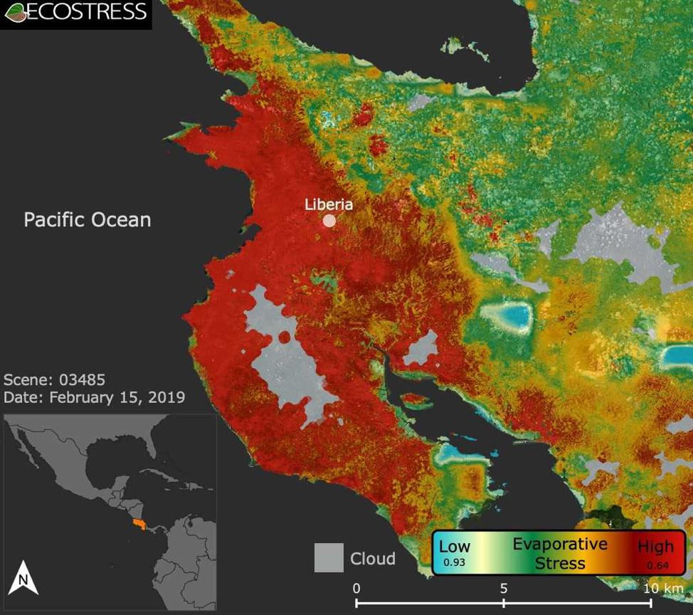 This image shows the ECOSTRESS evaporative stress index for the Guanacaste region of Costa Rica (in red on inset map, left) a few months after the onset of a major Central American drought. Red indicates high plant water stress, yellow is moderate stress and greens/blues are low stress. Light gray is cloud cover. The index measures how much water plants are using relative to how much they would use under optimal conditions; low numbers correlate with high stress.  ECOSTRESS launched on June 29, 2018, as part of a SpaceX commercial resupply mission to the International Space Station. Its primary mission is to detect plant health by monitoring Earth's surface temperature. However, surface temperature data are also useful in detecting other heat-related phenomena — like heat waves, volcanoes and fires.  https://photojournal.jpl.nasa.gov/catalog/PIA22839