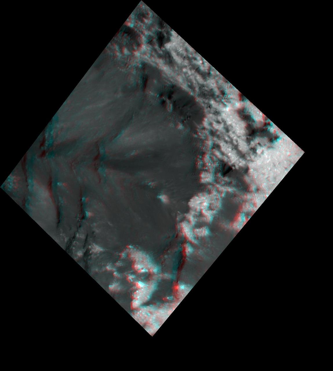 Scientists created this stereo view, called an anaglyph, with two images of the same part of Ceres's surface taken by Dawn on different orbits and from different viewing angles. The images were artificially colored and combined so that when viewed through glasses with a red filter on the left and blue on the right, they provide a 3-D view. The images used in this anaglyph were obtained by NASA's Dawn spacecraft from an altitude of about 21 miles (34 kilometers). The center of this picture is located at about 20.4 degrees north latitude and 239.9 degrees east longitude. https://photojournal.jpl.nasa.gov/catalog/PIA22863