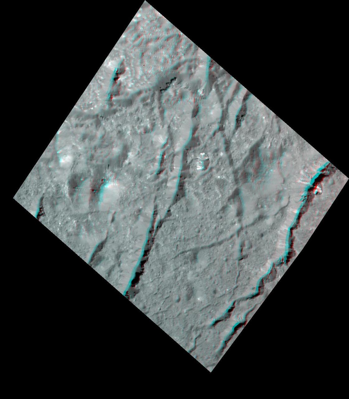 Scientists created this stereo view, called an anaglyph, with two images of the same part of Ceres's surface taken by Dawn on different orbits and from different viewing angles. The images were artificially colored and combined so that when viewed through glasses with a red filter on the left and blue on the right, they provide a 3-D view.  The images used in this anaglyph were obtained by NASA's Dawn spacecraft from an altitude of about 22 miles (35 kilometers).  The center of this image is located at about 18.9 degrees north latitude and 239.4 degrees east longitude.  https://photojournal.jpl.nasa.gov/catalog/PIA22864