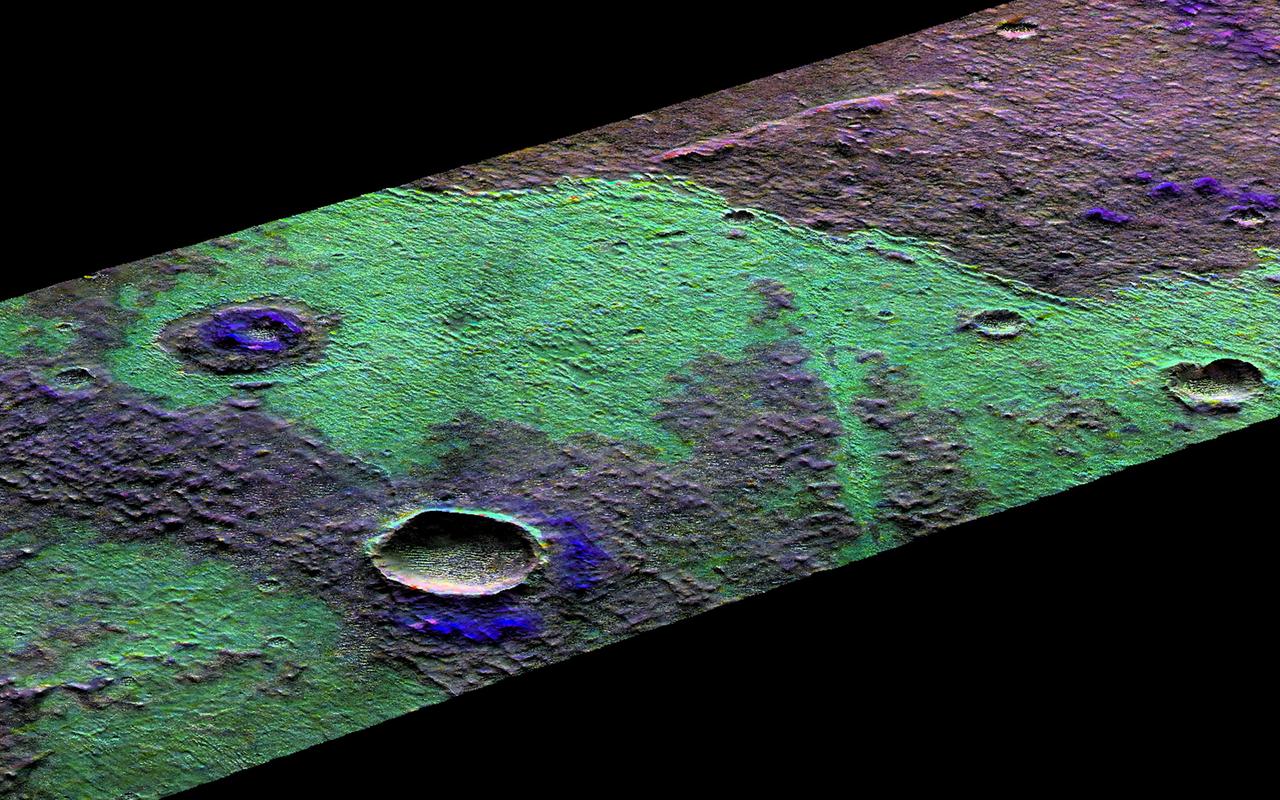 This 3D perspective view is a composite of both HiRISE and data from CRISM, another instrument onboard MRO. This view covers a small patch of ancient Martian real estate in Terra Sirenum. CRISM collects spectral data that can be used as a chemical fingerprint for the upper most surface. This information suggests that this small patch of surface is covered with salts (chlorides) represented in green and water-rich clays that appear in blue. CRISM colors can be added to high-resolution images to enhance our knowledge of these materials. They also match nicely with the surface features in our HiRISE image. For example, a fissure near the center of the image may be a a clue to the origin of the salts. The fissure may be a fracture where warm salt-laden water may have welled up, erupted and ponded on the surface. These waters then evaporated leaving the salt-rich deposits behind. https://photojournal.jpl.nasa.gov/catalog/PIA22867