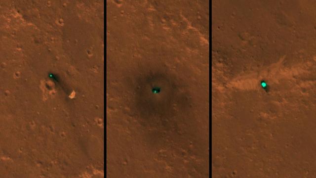 NASA's InSight spacecraft, its heat shield and its parachute were imaged on Dec. 6 and 11 by the HiRISE camera onboard NASA's Mars Reconnaissance Orbiter.  In images released today, the three new features on the Martian landscape appear teal. That's not their actual color: Light reflected off their surfaces cause the color to be saturated. The ground around the lander is dark, blasted by its retrorockets during descent. Look carefully for a butterfly shape, and you can make out the lander's solar panels on either side.  Unannotated, individual images of the lander, heat shield and parachute are also available.  https://photojournal.jpl.nasa.gov/catalog/PIA22875