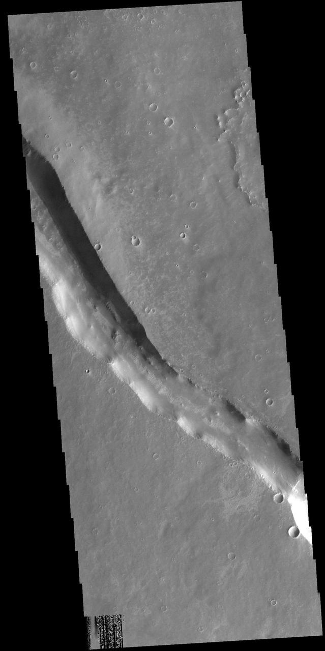 This VIS image shows a linear depression in Syria Planum. Volcanic activity, including broad shield volcanoes and extensive volcanic plains created this region of the Tharsis system south of Noctis Labyrinthus. Linear features, like the one in this image, can be caused by several different processes. In this case a combination of tectonic forces and lava emplacement created the depression. Orbit Number: 74800 Latitude: -14.4492 Longitude: 260.323 Instrument: VIS Captured: 2018-10-25 07:10 https://photojournal.jpl.nasa.gov/catalog/PIA22883