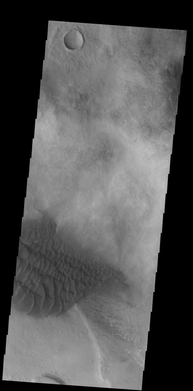 Halley Crater is located on the western side of Argyre Planitia. Sand dunes cover part of the crater floor. Orbit Number: 74805 Latitude: -47.8668 Longitude: 301.231 Instrument: VIS Captured: 2018-10-25 16:25 https://photojournal.jpl.nasa.gov/catalog/PIA22885