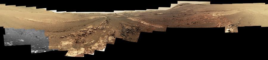 This 360-degree panorama is composed of 354 images taken by the Opportunity rover's Panoramic Camera (Pancam) from May 13 through June 10, 2018, or sols (Martian days) 5,084 through 5,111. This is the last panorama Opportunity acquired before the solar-powered rover succumbed to a global Martian dust storm on the same June 10. This version of the scene is presented in approximate true color.  To the right of center and near the top of the frame, the rim of Endeavour Crater rises in the distance. Just to the left of that, rover tracks begin their descent from over the horizon towards the location that would become Opportunity's final resting spot in Perseverance Valley, where the panorama was taken. At the bottom, just left of center, is the rocky outcrop Opportunity was investigating with the instruments on its robotic arm. To the right of center and halfway down the frame is another rocky outcrop - about 23 feet (7 meters) distant from the camera - called "Ysleta del Sur," which Opportunity investigated from March 3 through 29, 2018, or sols 5,015 through 5,038. In the far right and left of the frame are the bottom of Perseverance Valley and the floor of Endeavour Crater.  Located on the inner slope of the western rim of Endeavour Crater, Perseverance Valley is a system of shallow troughs descending eastward about the length of two football fields from the crest of Endeavour's rim to its floor.  This true-color version combines images collected through three Pancam filters. The filters admit light centered on wavelengths of 753 nanometers (near-infrared), 535 nanometers (green) and 432 nanometers (blue). The three-color bands are combined.  A few frames (bottom left) remain black and white, as the solar-powered rover did not have the time to photograph those locations using the green and violet filters before a severe Mars-wide dust storm swept in on June 2018.  https://photojournal.jpl.nasa.gov/catalog/PIA22909