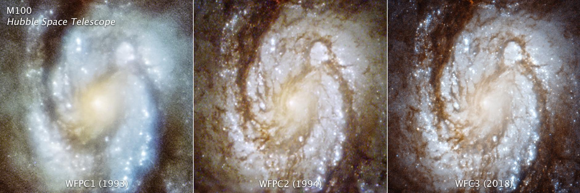 These three images are of the central region of the spiral galaxy M100, taken with three generations of cameras that were sequentially swapped out aboard the Hubble Space Telescope, and document the consistently improving capability of the observatory. The image on the left was taken with the Wide Field and Planetary Camera 1 in 1993. The photo is blurry due to a flaw (called spherical aberration) in Hubble's primary mirror. Celestial images could not be brought into a single focus. The middle image was taken in late 1993 with Wide Field and Planetary Camera 2 that was installed during the December 2 - 13 space shuttle servicing mission (SM1, STS-61). The camera contained corrective optics to compensate for the mirror flaw, and so the galaxy snapped into sharp focus when photographed. The image on the right was taken with a newer instrument, Wide Field Camera 3, that was installed on Hubble during the space shuttle servicing mission 4 (SM4) in May, 2009.  https://photojournal.jpl.nasa.gov/catalog/PIA22913