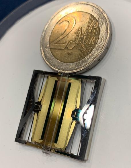 A copy of one of the sensors on NASA InSight's seismometer, compared to a 2-euro coin (about 1 inch wide). The short-period seismometer has three of these sensors.  https://photojournal.jpl.nasa.gov/catalog/PIA22926