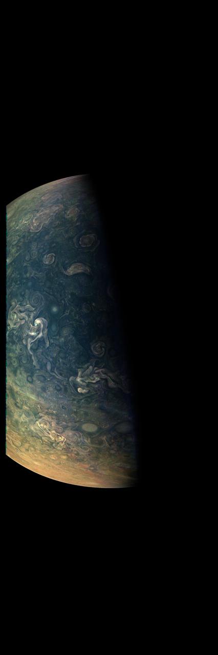Jupiter's northern circumpolar cyclones are captured in this color-enhanced image from NASA's Juno spacecraft. The image was taken at 5:42 p.m. PDT (8:42 p.m. EDT) on Sept. 6, 2018, as the spacecraft performed its 15th close flyby of Jupiter. Citizen scientist Gerald Eichstädt created this image using data from the spacecraft's JunoCam imager. https://photojournal.jpl.nasa.gov/catalog/PIA22932. - Enhanced image by Gerald Eichstädt based on images provided courtesy of NASA/JPL-Caltech/SwRI/MSSS