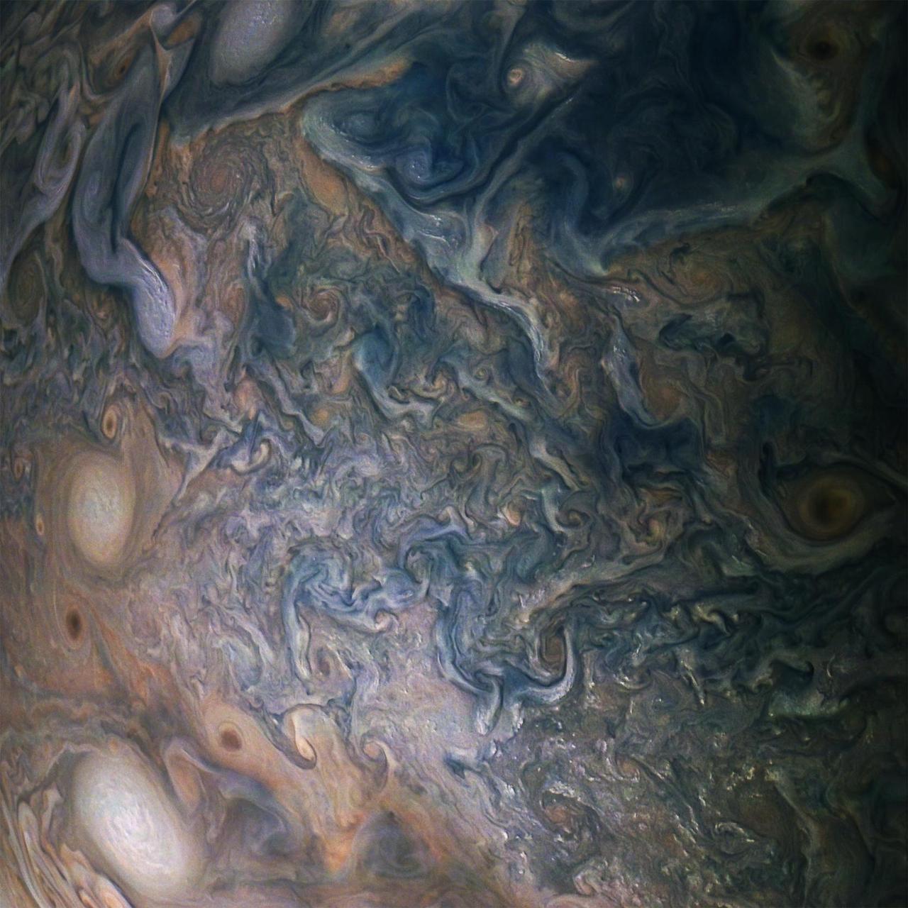 A multitude of bright white "pop-up" storms in this Jupiter cloudscape appear in this image from NASA's Juno spacecraft. This color-enhanced image was taken at 1:55 p.m. PDT (4:55 p.m. EDT) on Oct. 29, 2018, as the spacecraft performed its 16th close flyby of Jupiter. Citizen scientists Gerald Eichstädt and Seán Doran created this image using data from the spacecraft's JunoCam imager. https://photojournal.jpl.nasa.gov/catalog/PIA22935 **Image Credit: Enhanced Image by Gerald Eichstädt and Seán Doran (CC BY-NC-SA) based on images provided courtesy of NASA/JPL-Caltech/SwRI/MSSS