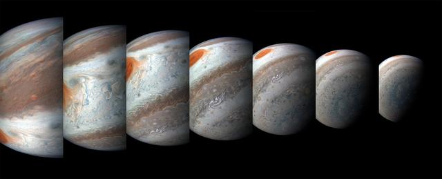 A south tropical disturbance has just passed Jupiter's iconic Great Red Spot and is captured stealing threads of orange haze from the Great Red Spot in this series of color-enhanced images from NASA's Juno spacecraft. From left to right, this sequence of images was taken between 2:57 a.m. and 3:36 a.m. PDT (5:57 a.m. and 6:36 a.m. EDT) on April 1, 2018, as the spacecraft performed its 12th close flyby of Jupiter. Citizen scientists Gerald Eichstädt and Seán Doran created this image using data from the spacecraft's JunoCam imager. https://photojournal.jpl.nasa.gov/catalog/PIA22937   ** Image Credit: Enhanced Image by Gerald Eichstädt and Seán Doran (CC BY-NC-SA) based on images provided courtesy of NASA/JPL-Caltech/SwRI/MSSS