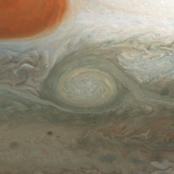 A giant, spiraling storm in Jupiter's southern hemisphere is captured in this animation from NASA's Juno spacecraft. The storm is approximately 5,000 miles (8,000 kilometers) across, or roughly the width of the United States. The counterclockwise motion of the storm, called Oval BA, is clearly on display. A similar rotation can be seen in the famous Great Red Spot at the top of the animation. Juno took the nine images used to produce this movie sequence on Dec. 21, 2018, between 9:24 a.m. PST (12:24 p.m. EST) and 10:07 a.m. PST (1:07 p.m. EST). At the time the images were taken, the spacecraft was between approximately 15,400 miles (24,800 kilometers) and 60,700 miles (97,700 kilometers) from the planet's cloud tops above southern latitudes spanning about 36 to 74 degrees. Citizen scientists Gerald Eichstädt and Seán Doran created this animation using data from the spacecraft's JunoCam imager. Animation available at https://photojournal.jpl.nasa.gov/catalog/PIA22943