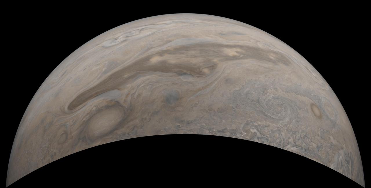 The southern edge of Jupiter's north polar region is captured in this view from NASA's Juno spacecraft. The scene prominently displays a long, brown oval known as a "brown barge" located within a polar jet stream, called "Jet N4." This image was taken at 9:25 a.m. PST on Feb. 12, 2019 (12:25 p.m. EST), as the spacecraft performed its 18th close flyby of Jupiter. At the time, Juno was about 5,000 miles (8,000 kilometers) from the planet's cloud tops, above a latitude of approximately 44 degrees north. https://photojournal.jpl.nasa.gov/catalog/PIA22945. Enhanced image by Gerald Eichstädt and Justin Cowart based on images provided courtesy of NASA/JPL-Caltech/SwRI/MSSS