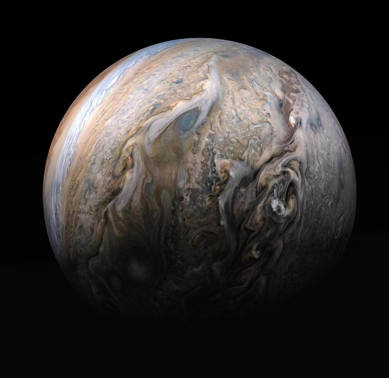 This stunning compilation image of Jupiter's stormy northern hemisphere was captured by NASA's Juno spacecraft as it performed a close pass of the gas giant planet. Some bright-white clouds can be seen popping up to high altitudes on the right side of Jupiter's disk. (The Juno team frequently refers to clouds like these as "pop-up" clouds in image captions.) Juno took the four images used to produce this color-enhanced view on May 29, 2019, between 12:52 a.m. PDT (3:52 a.m. EDT) and 1:03 a.m. PDT (4:03 a.m. EDT), as the spacecraft performed its 20th science pass of Jupiter. At the time the images were taken, the spacecraft was between 11,600 miles (18,600 kilometers) and 5,400 miles (8,600 kilometers) above Jupiter's cloud tops, above a northern latitude spanning from about 59 to 34 degrees. Enhanced image by Kevin M. Gill (CC-BY) based on images provided courtesy of NASA/JPL-Caltech/SwRI/MSSS https://photojournal.jpl.nasa.gov/catalog/PIA22949