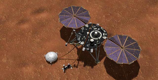 This artist's concept shows NASA's InSight lander with its instruments deployed on the Martian surface. InSight's package of weather sensors, called the Auxiliary Payload Subsystem (APSS), includes an air pressure sensor inside the lander -- its inlet is visible on InSight's deck -- and two air temperature and wind sensors on the deck. Under the deck's edge is a magnetometer, provided by UCLA, to measure changes in the local magnetic field that could also influence SEIS.  InSight's air temperature and wind sensors are actually refurbished spares built for Curiosity's Rover Environmental Monitoring Station (REMS). Called Temperature and Wind for InSight, or TWINS, these two east- and west-facing booms sit on the lander's deck and were provided by Spain's Centro de Astrobiología (CAB).  https://photojournal.jpl.nasa.gov/catalog/PIA22957