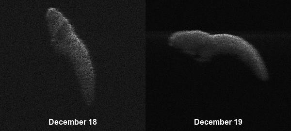 These two radar images of near-Earth asteroid 2003 SD220 were obtained on Dec. 18 and 19 by coordinating observations with the Arecibo Observatory's 1,000-foot (305-meter) antenna in Puerto Rico and the National Science Foundation's (NSF) 330-foot (100-meter) Green Bank Telescope in West Virginia. The radar images reveal the asteroid is at least one mile (1.6 kilometers) long.  https://photojournal.jpl.nasa.gov/catalog/PIA22969