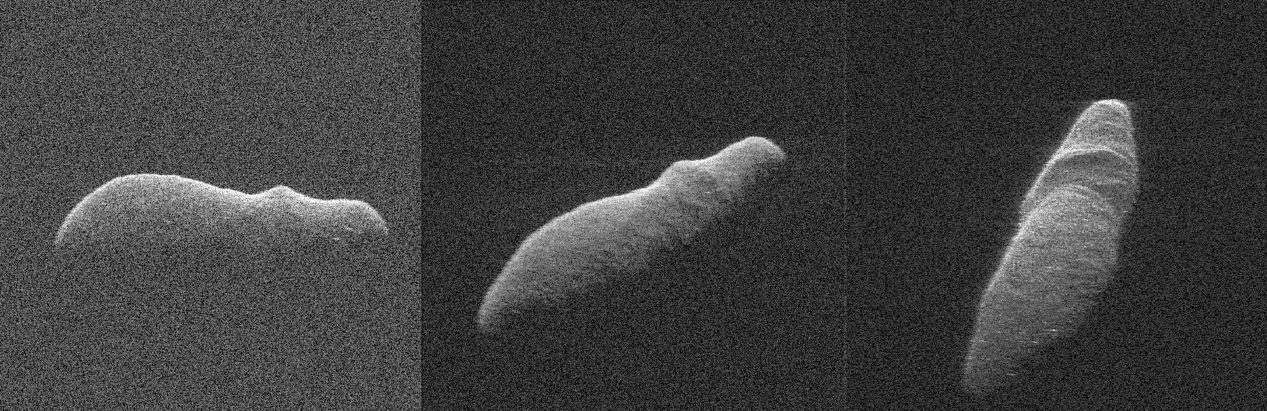 These three radar images of near-Earth asteroid 2003 SD220 were obtained on Dec. 15-17, by coordinating observations with NASA's 230-foot (70-meter) antenna at the Goldstone Deep Space Communications Complex in California and the National Science Foundation's (NSF) 330-foot (100-meter) Green Bank Telescope in West Virginia.  The radar image on the left was obtained on Dec. 15 when asteroid 2003 SD220 was 2.8 million miles (4.5 million kilometers) from Earth. The radar image in the middle was generated from data collected on Dec. 16 when the asteroid was 2.5 million miles (4.0 million kilometers) from Earth. The image on the right was obtained on Dec. 17 when 2003 SD220 was 2.2 million miles (3.6 million kilometers) from Earth. The spatial resolution on the images is as fine as 12 feet (3.7 meters) per pixel. The radar images reveal the asteroid is at least one mile (1.6 kilometers) long.  Asteroid 2003 SD220 was discovered on Sept. 29, 2003, by astronomers at the Lowell Observatory Near-Earth-Object Search (LONEOS) in Flagstaff, Arizona -- an early Near-Earth Object (NEO) survey project supported by NASA that is no longer in operation. The asteroid will fly safely past Earth on Saturday, Dec. 22, 2018, at a distance of about 1.8 million miles (2.9 million kilometers). This will be the asteroid's closest approach in more than 400 years and the closest until 2070, when the asteroid will safely fly by slightly closer.  https://photojournal.jpl.nasa.gov/catalog/PIA22970