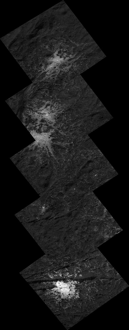 These "stars" found on the floor of Ceres' Occator Crater belong to the Vinalia Faculae. The faculae are deposits of salts, in particular sodium carbonate, possibly extruded through fractures connecting the surface to a deep reservoir of salty liquid.  The images used in this montage were obtained by NASA's Dawn spacecraft in June 2018 from an altitude of about 21 miles (34 kilometers). NASA announced the conclusion of Dawn's mission operations was Oct. 31, 2018, when the spacecraft depleted its hydrazine.  The center of this feature is located at about 20.2 degrees north latitude and 241.3 degrees east longitude, in the eastern part of Occator Crater.  Occator Crater is named after the Roman agricultural deity of the harrowing, a helper of Ceres, the goddess of agriculture, grain crops, fertility and motherly relationships.  https://photojournal.jpl.nasa.gov/catalog/PIA22980