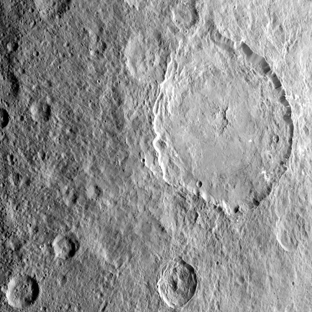 This image highlights the complex central construct and concentric fractures in the large (78 miles, 126 kilometers) Dantu Crater. It was obtained by NASA's Dawn spacecraft on September 1, 2018 from an altitude of about 1335 miles (2150 kilometers). NASA announced the conclusion of Dawn's mission operations was Oct. 31, 2018, when the spacecraft depleted its hydrazine.  The center of Dantu Crater is located at about 24.3 degrees north latitude and 138.2 degrees east longitude.  Dantu Crater is named after the Ghanan god associated with the planting of the corn.  https://photojournal.jpl.nasa.gov/catalog/PIA22985