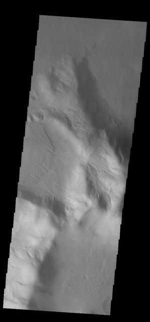 This VIS image shows an isolated mountain east of Hellas Planitia. Erosion is moving material down hill towards the lower elevations. The linear features on the hill debris indicate that volatiles such as ice may play a part in the erosion.  Orbit Number: 74924 Latitude: -42.7071 Longitude: 108.078 Instrument: VIS Captured: 2018-11-04 11:37  https://photojournal.jpl.nasa.gov/catalog/PIA22999