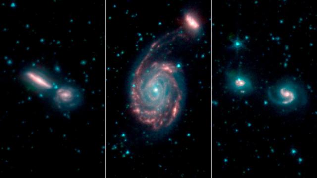 These three images show merging galaxies observed for the Great Observatories All-sky LIRG Survey, or GOALS. The merger on the left is Arp 302; in the middle are NGC 7752 and 7753; on the right is IIZw96.  https://photojournal.jpl.nasa.gov/catalog/PIA23009