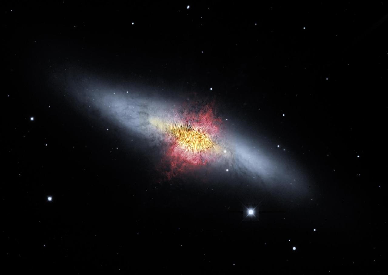 A composite image of the Cigar Galaxy (also called M82), a starburst galaxy about 12 million light-years away in the constellation Ursa Major. The magnetic field detected by the High-resolution Airborne Wideband Camera-Plus instrument (known as HAWC+) on SOFIA (the Stratospheric Observatory for Infrared Astronomy), shown as streamlines, appears to follow the bipolar outflows (red) generated by the intense nuclear starburst. The image combines visible starlight (gray) and a tracing of hydrogen gas (red) observed from the Kitt Peak Observatory, with near-infrared and mid-infrared starlight and dust (yellow) observed by SOFIA and the Spitzer Space Telescope. https://photojournal.jpl.nasa.gov/catalog/PIA23010