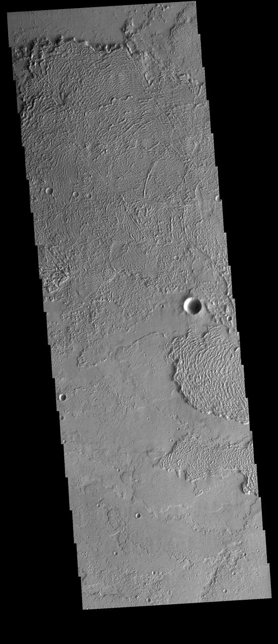 Today's VIS image shows a small portion of the immense lava plains of Daedalia Planum. These flows originated from Arsia Mons, one of the three large Tharsis volcanoes.  Orbit Number: 75238 Latitude: -19.446 Longitude: 221.612 Instrument: VIS Captured: 2018-11-30 08:56  https://photojournal.jpl.nasa.gov/catalog/PIA23016