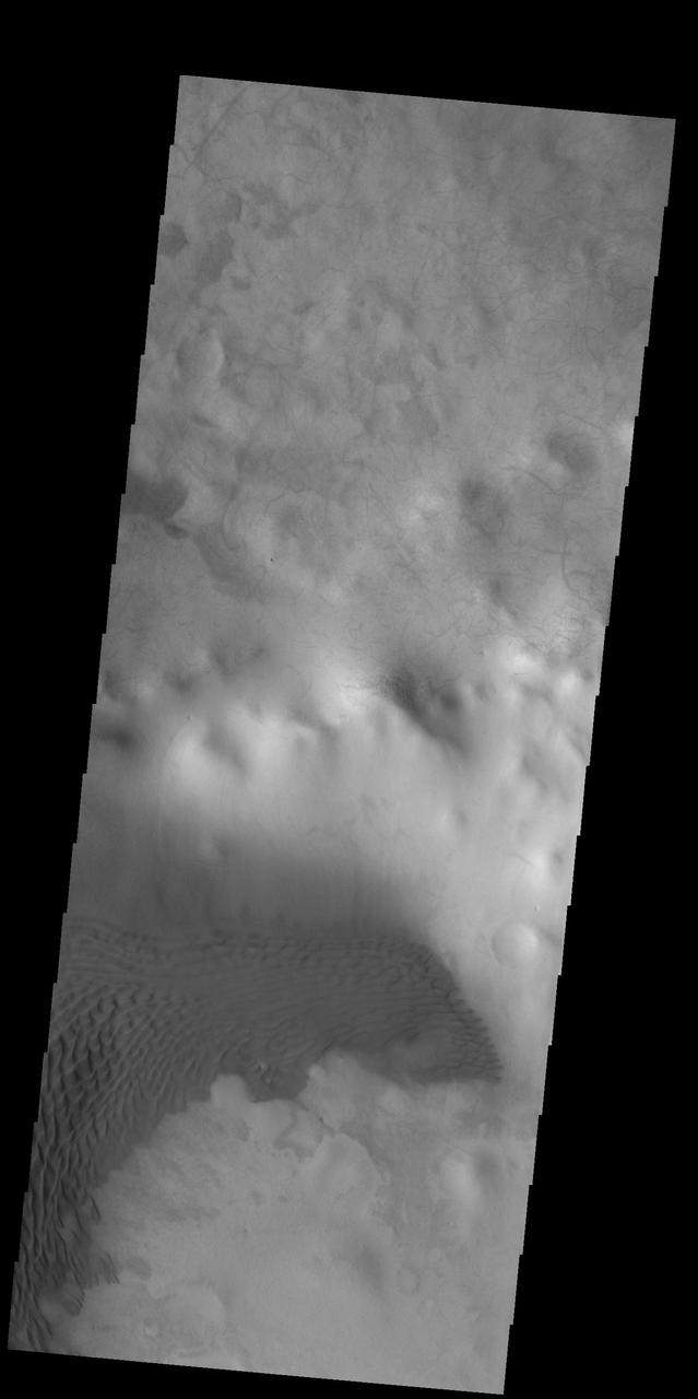 Sand dunes cover part of the floor of this unnamed crater in Terra Cimmeria. Orbit Number: 75321 Latitude: -57.5486 Longitude: 169.005 Instrument: VIS Captured: 2018-12-07 04:26 https://photojournal.jpl.nasa.gov/catalog/PIA23029