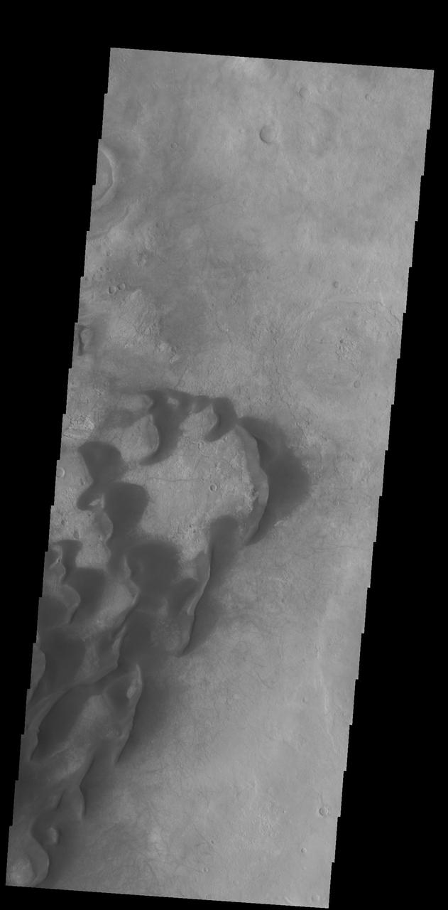 This VIS image is located in Kaiser Crater and shows several individual dunes. With continued winds sand dunes will move across the surface. There are two sides to a dune, the low angle slope of the windward face and the high angle slope of the leeward side. The steep side is called the slip face. Wind blows sand grains up the low angle slope of the dunes which then "fall down" the slip face. In this way the whole dune moves towards the slip face. The winds blow from the windward to the leeward side of the dunes. In this image the slip faces are on the left side of the dune, so the dunes are slowly moving to the left side of this image.  Orbit Number: 75451 Latitude: -46.7049 Longitude: 20.0962 Instrument: VIS Captured: 2018-12-17 21:20  https://photojournal.jpl.nasa.gov/catalog/PIA23036