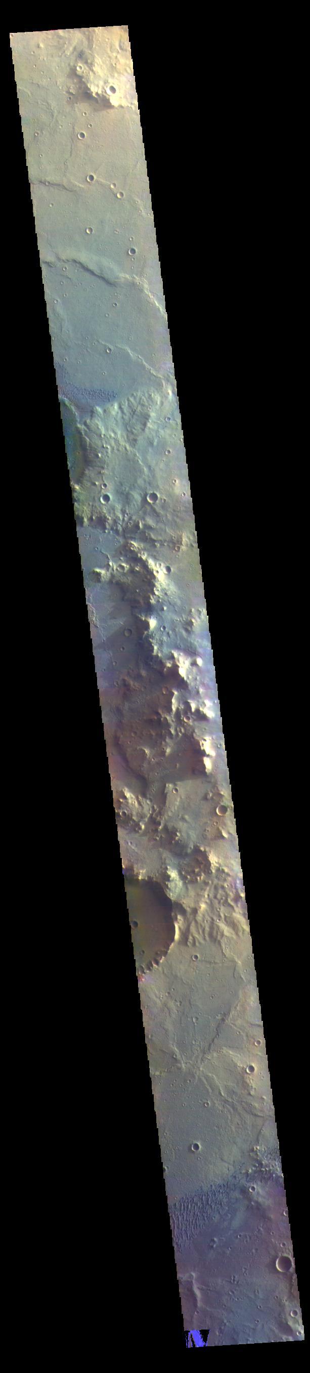 This VIS image shows part of the floor of Herschel Crater. Sand dunes are visible at the bottom of the image. The dark blue in this false color image typically indicates basaltic sands. Early morning shadows can be seen to the left of the hills at the center of the image. Herschel Crater is located in Terra Cimmeria.  The THEMIS VIS camera contains 5 filters. The data from different filters can be combined in multiple ways to create a false color image. These false color images may reveal subtle variations of the surface not easily identified in a single band image.  Orbit Number: 61471 Latitude: -14.2589 Longitude: 131.17 Instrument: VIS Captured: 2015-10-23 06:39  https://photojournal.jpl.nasa.gov/catalog/PIA23038