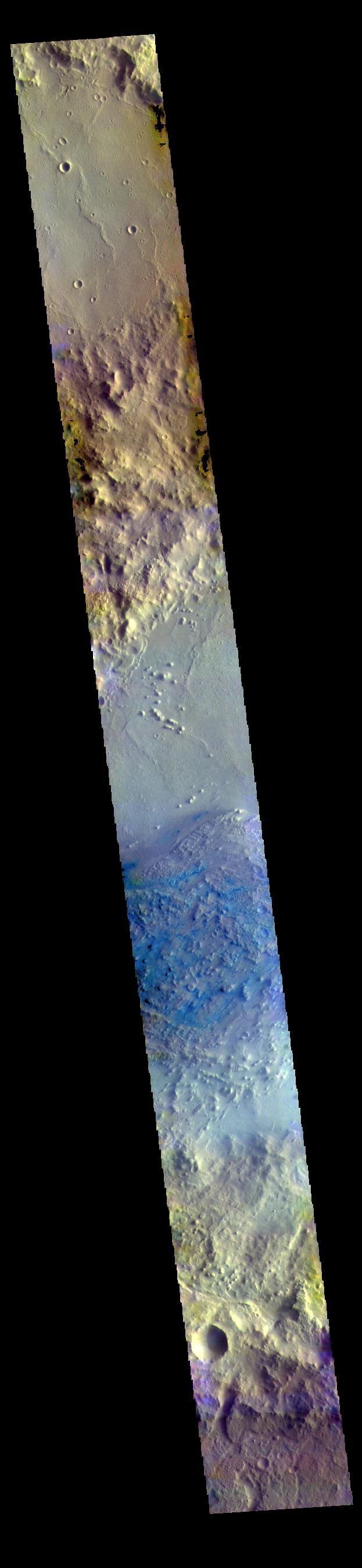 Today's image shows part of the floor of Pasteur Crater. The deposit in the southwest part of the floor is a fill deposit that is undergoing erosion. Small sand dunes are found within the eroding material. Pasteur Crater is located between Arabia Terra and Terra Sabaea.  The THEMIS VIS camera contains 5 filters. The data from different filters can be combined in multiple ways to create a false color image. These false color images may reveal subtle variations of the surface not easily identified in a single band image.  Orbit Number: 60913 Latitude: 19.5741 Longitude: 24.3467 Instrument: VIS Captured: 2015-09-07 08:02  https://photojournal.jpl.nasa.gov/catalog/PIA23039