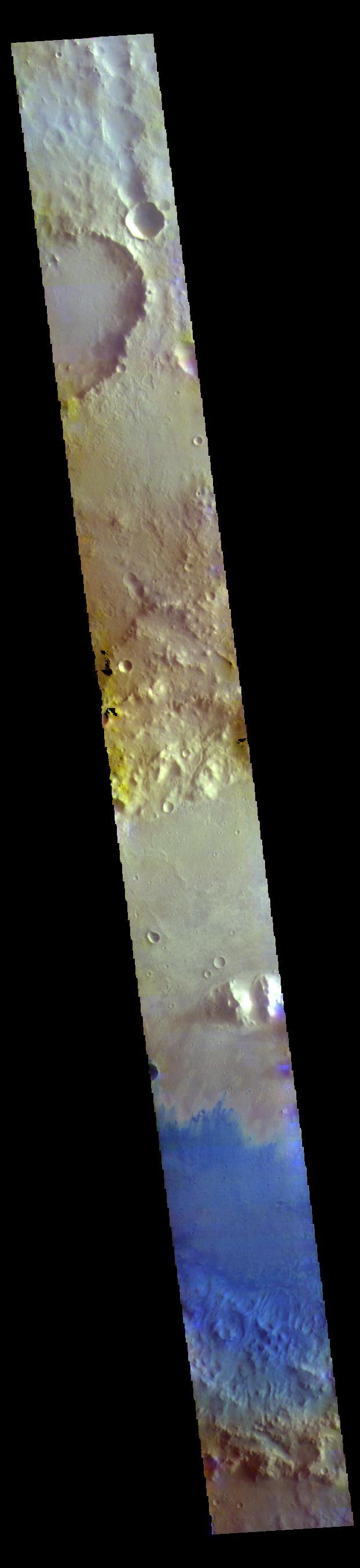 This false color image shows part of the floor of Marth Crater. Dark blue tones typically indicate basaltic sands. Wind action is blowing the sand and dust to the southern side of the crater floor. Marth Crater is located in Arabia Terra.  The THEMIS VIS camera contains 5 filters. The data from different filters can be combined in multiple ways to create a false color image. These false color images may reveal subtle variations of the surface not easily identified in a single band image.  Orbit Number: 60914 Latitude: 13.5027 Longitude: 356.362 Instrument: VIS Captured: 2015-09-07 09:58  https://photojournal.jpl.nasa.gov/catalog/PIA23040