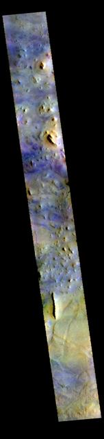 This VIS image shows part of Acidalia Colles. The term colles means hill. Dark blue tones in this band configuration typically identify basaltic sands. This "blue" material is found on the plains, but also on some of the hill faces. Acidalia Colles in located in central Acidalia Planitia. The THEMIS VIS camera contains 5 filters. The data from different filters can be combined in multiple ways to create a false color image. These false color images may reveal subtle variations of the surface not easily identified in a single band image. Orbit Number: 61526 Latitude: 49.3311 Longitude: 334.82 Instrument: VIS Captured: 2015-10-27 19:43 https://photojournal.jpl.nasa.gov/catalog/PIA23067