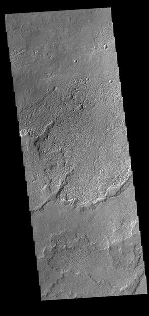 Today's VIS image shows a small part of Daedalia Planum. The lava flows originate from Arsia Mons, one of the large volcanoes in the Tharsis region. The different surface textures are created by differences in the lava viscosity and cooling rates. The lobate margins of each flow can be traced back to the start of each flow -- or to the point where they are covered by younger flows. Flows in Daedalia Planum can be as long as 180 km. Orbit Number: 75325 Latitude: -18.8135 Longitude: 231.098 Instrument: VIS Captured: 2018-12-07 12:54 https://photojournal.jpl.nasa.gov/catalog/PIA23073