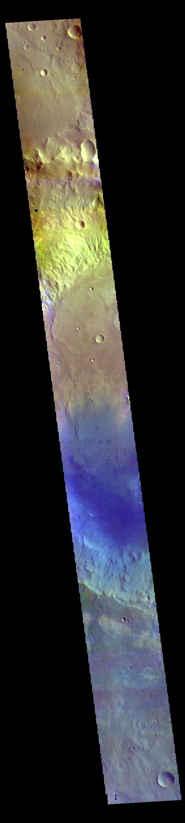 Today's VIS image shows part of the floor of Rutherford Crater. Blue tones in false color images are indicative of basaltic sand. Rutherford Crater is approximately 107 km (66 miles) in diameter. This crater is located in Arabia Terra.  The THEMIS VIS camera contains 5 filters. The data from different filters can be combined in multiple ways to create a false color image. These false color images may reveal subtle variations of the surface not easily identified in a single band image.  Orbit Number: 61900 Latitude: 18.9562 Longitude: 349.107 Instrument: VIS Captured: 2015-11-27 14:45  https://photojournal.jpl.nasa.gov/catalog/PIA23091