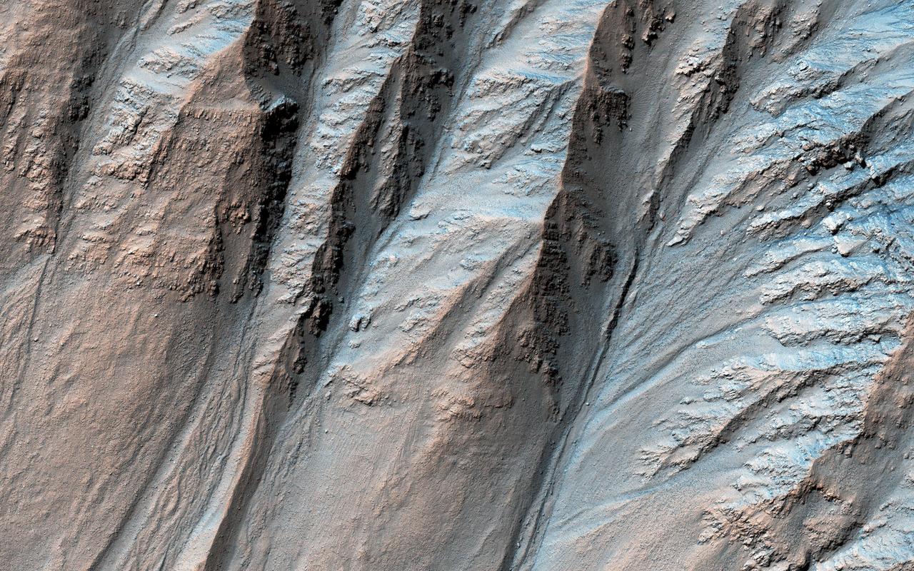 Most gullies in the southern mid-latitudes are on south-facing slopes, which are the coldest and have the most frost in the winter. However, some occur on other slopes. This image shows large gullies on both the pole- and equator-facing slopes. An important puzzle in Mars science is whether or not all of these gullies form in the same geologic eras and by the same processes. If you have red/green glasses, be sure to check out the anaglyph of this crater, which shows rugged topography! https://photojournal.jpl.nasa.gov/catalog/PIA23100